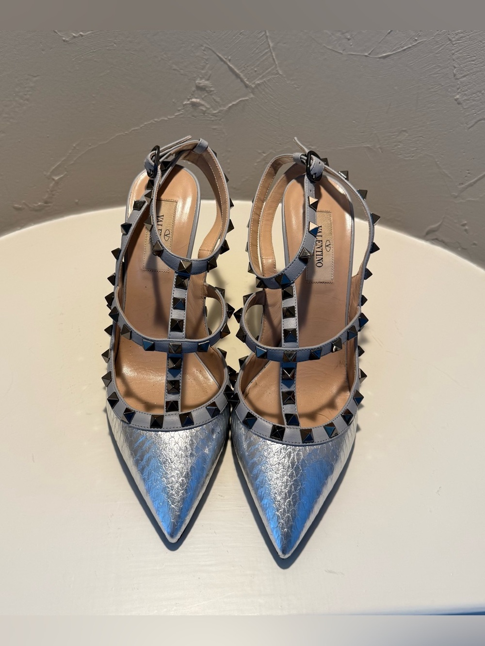 Valentino Rockstud Silver Pointed-Toe T-Strap Pumps